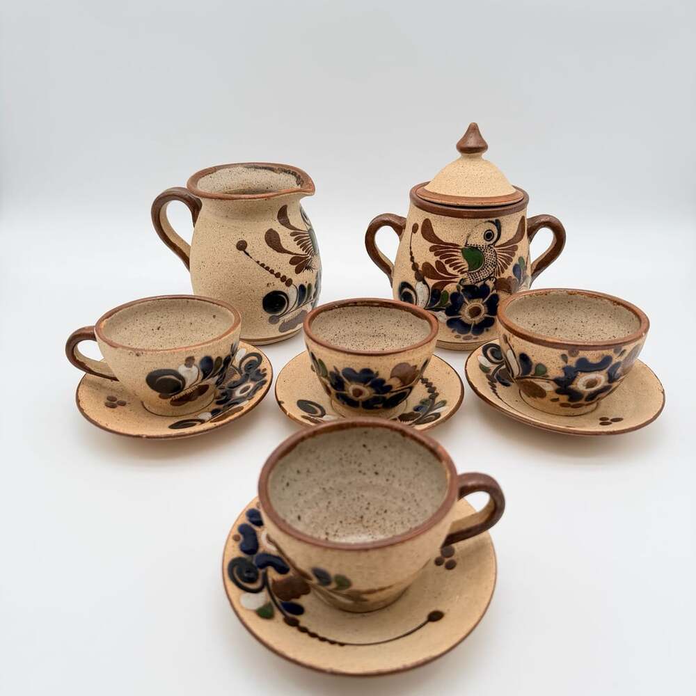Tonala Pottery Tea Set Hand-Painted Bird Floral Mexican Folk Art
